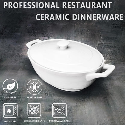 Regine Switzerland Oval Casserole Dish - 1.9 Quart French White Ceramic with Lids | 9" x 6.5" Baking Dish for Casseroles & Lasagna