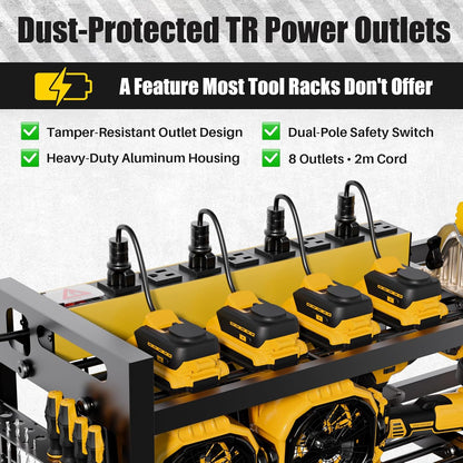 Power Tool Organizer Wall Mount - 8-Outlet Charging Station & Heavy Duty Metal Shelf for Garage Storage