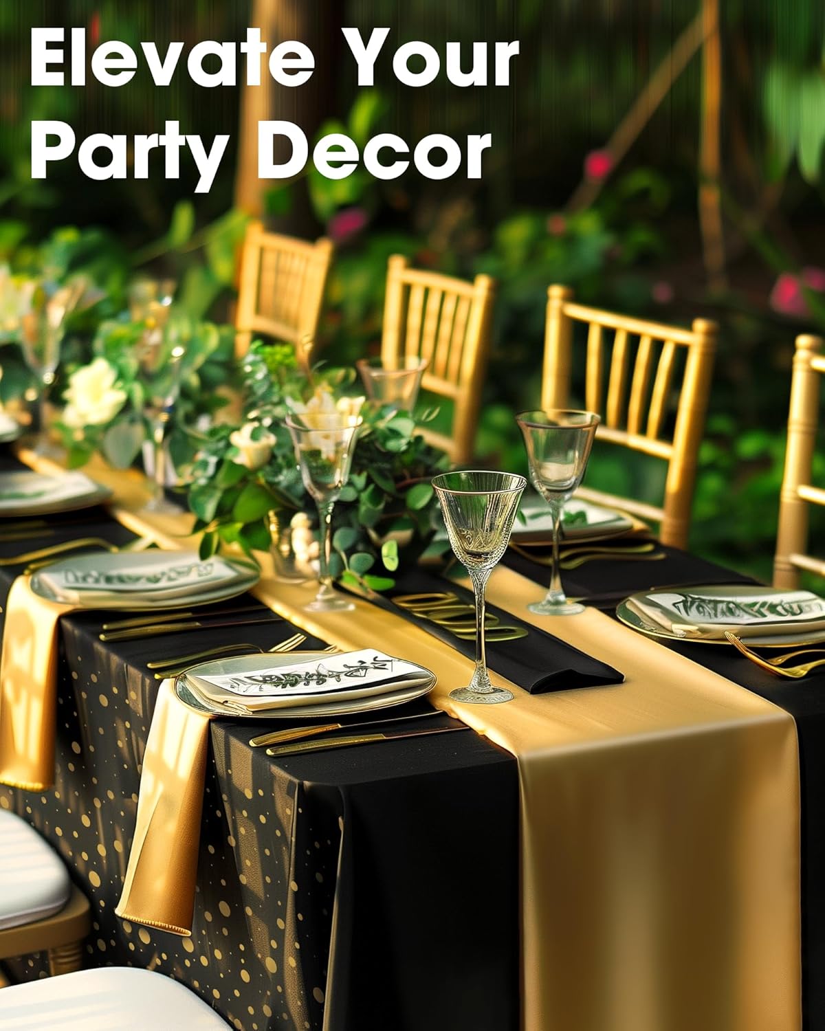 Niuara Table Cloth Set - Black and Gold Disposable Rectangle Table Cover & Runner | 3+3 Pack for Events