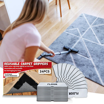 Rug Carpet Non Slip Grippers, Reusable Rug Tape, No Damaging for Hardwood Floors and Tiles, Carpet Grippers Stickers Pads for Area Rugs Corners Flat, 24Pcs