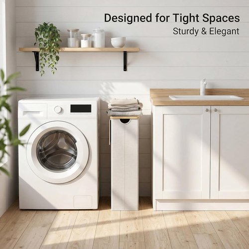 Efluky Slim Laundry Basket - Narrow Hamper with Lid & Removable Bag, 75L Beige for Bathroom & Bedroom