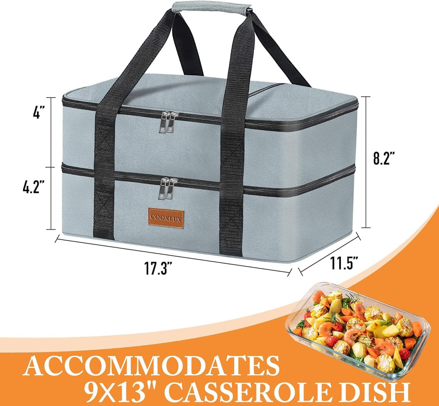 Skiennix Double Decker Insulated Casserole Carrier - Leak Proof Food Warmer Bag for Potlucks | Fits 9"x13" Baking Dish - Durable Grey Nylon