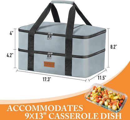 Skiennix Double Decker Insulated Casserole Carrier - Leak Proof Food Warmer Bag for Potlucks | Fits 9"x13" Baking Dish - Durable Grey Nylon