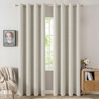 MIULEE Linen Texture Curtains - 100% Blackout Thermal Insulated Draperies | Light Cream, 52x96 Inch (2 Panels)