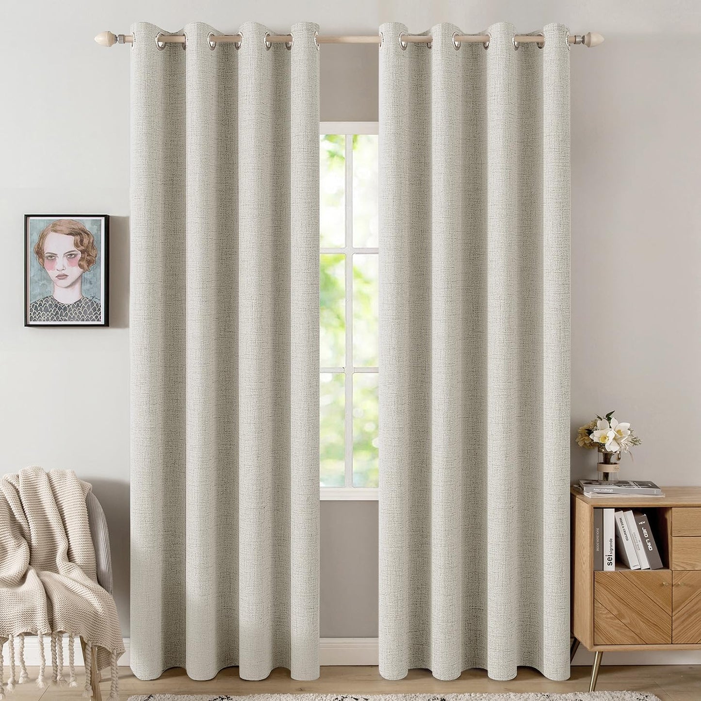 MIULEE 90-Inch Linen Texture Curtains - Light Cream 100% Blackout Thermal Insulated Drapes | 52x90 Inch (2 Panels)