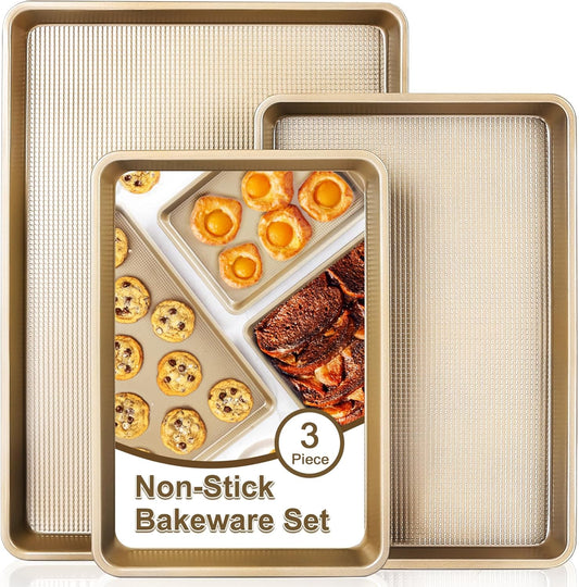 Skiennix Baking Sheet Pan Set of 3 - Nonstick Cookie Sheets | Heavy-Duty Carbon Steel | Rust-Free & Toxic-Free