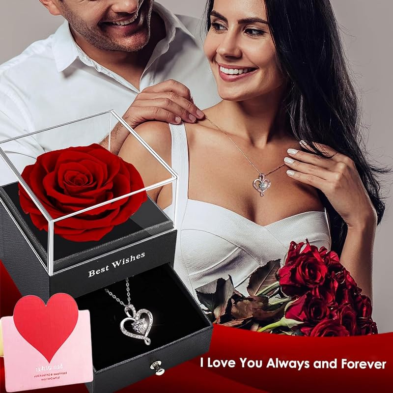 Forever Red Preserved Rose Gift Box with Necklace – Eternal Real Rose for Girlfriend, Wife, Mom