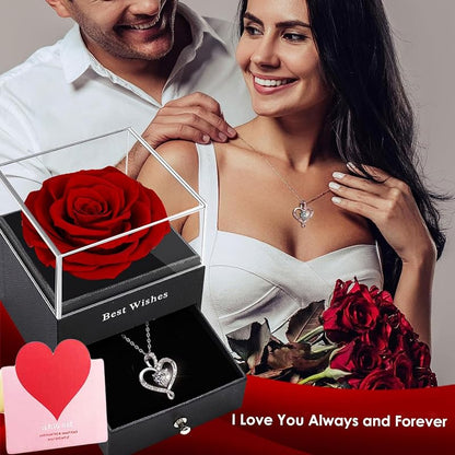 Forever Red Preserved Rose Gift Box with Necklace – Eternal Real Rose for Girlfriend, Wife, Mom