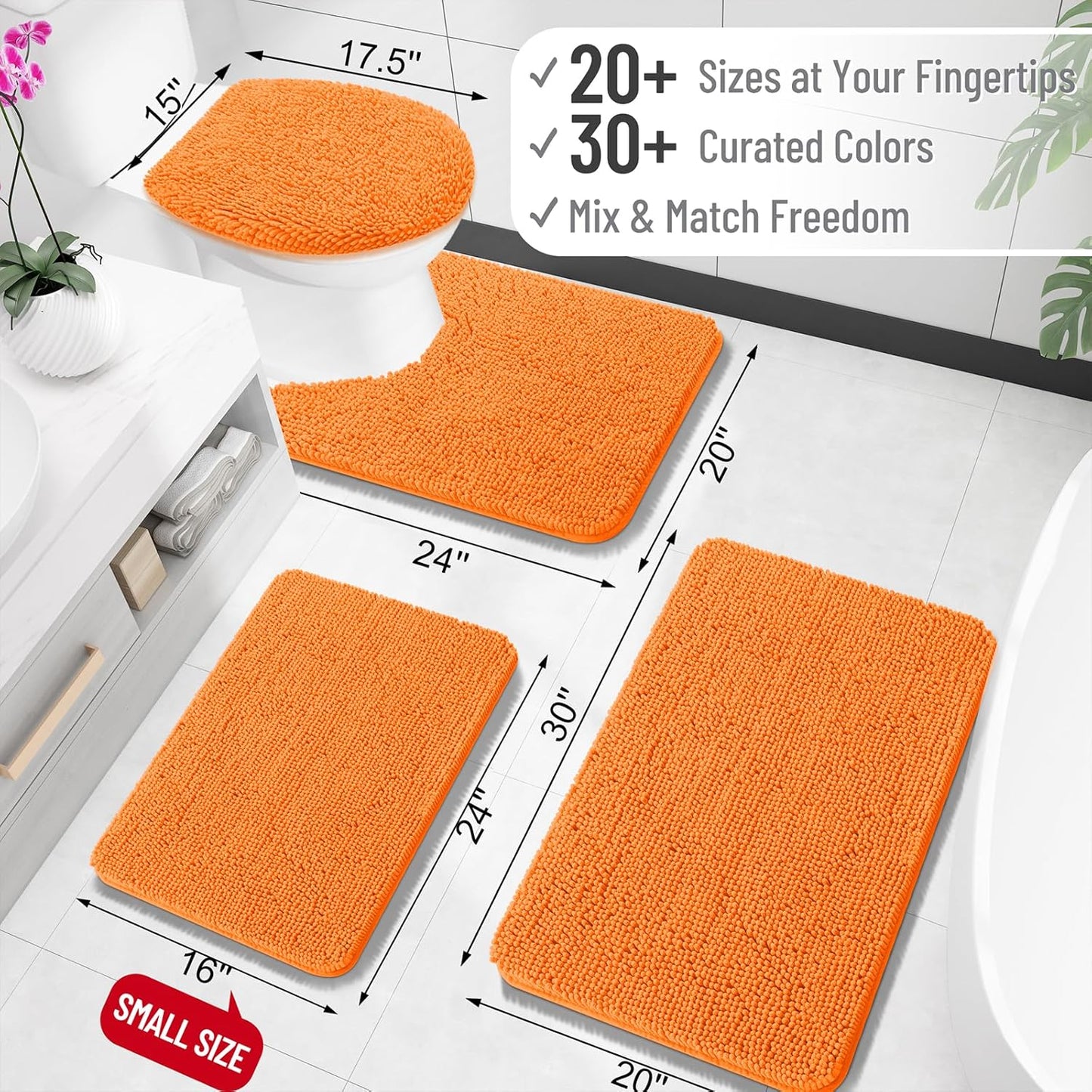 OLANLY Large Bathroom Rugs - Extra Soft Chenille Bath Mats | Quick Dry, Machine Washable, 59x35, Orange