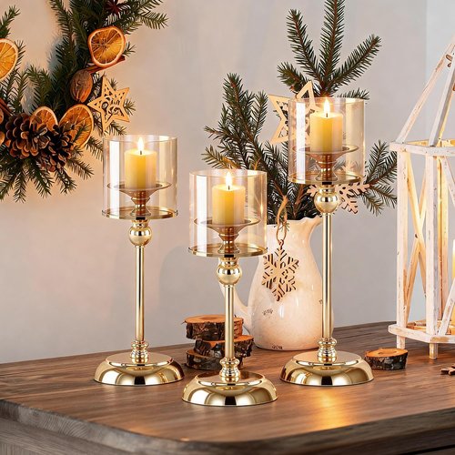 Gold Hurricane Candle Holders - Set of 6 Tall Windproof Taper Holders for Indoor/Outdoor Decor