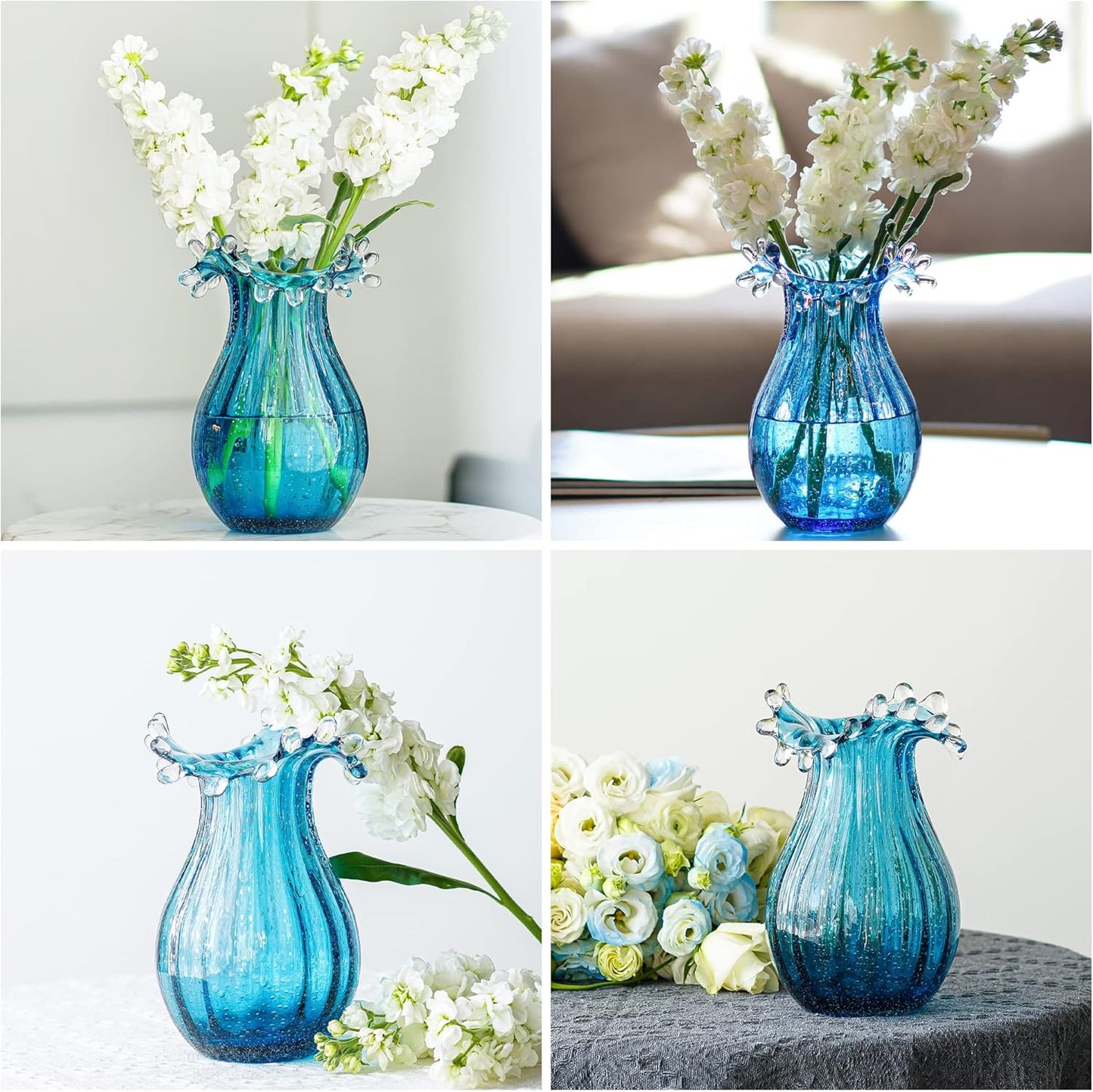Skiennix 8-Inch Blown Glass Bubble Vase - Modern Art Flower Decor for Home & Office - Blue