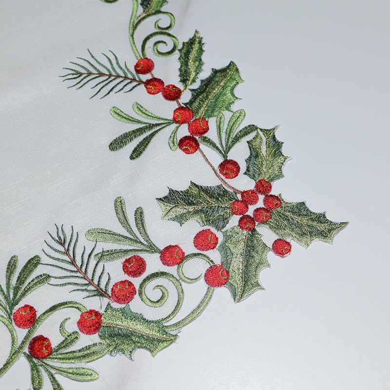 Christmas Table Runner Holly Red Berry White—13x48in, Embroidered 100% Polyester Variation: White+13x48IN