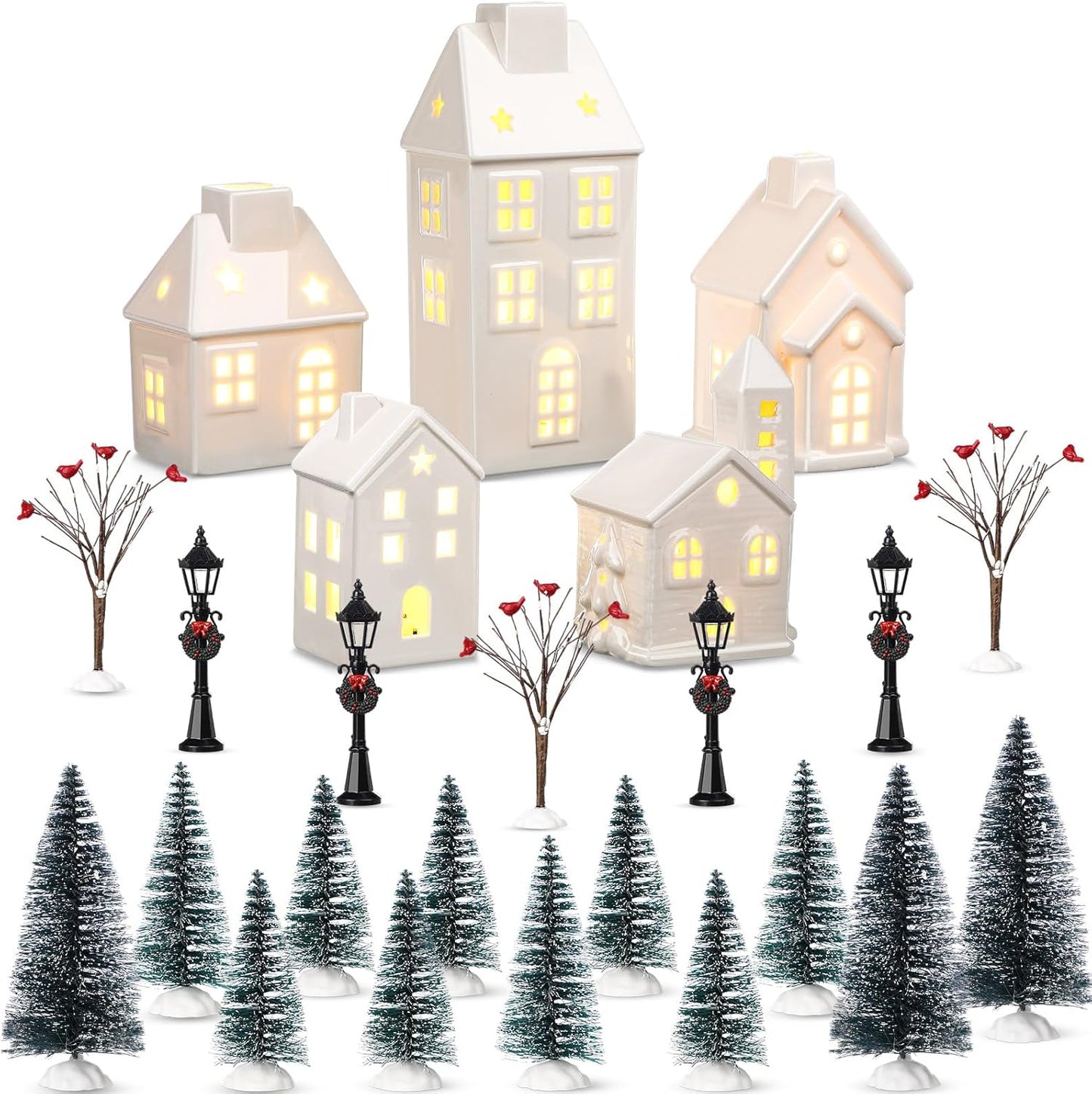 WinnerWhy 24-Piece LED Lighted Christmas Village Set - Mini Ceramic Houses & Streetlights for Festive Decor