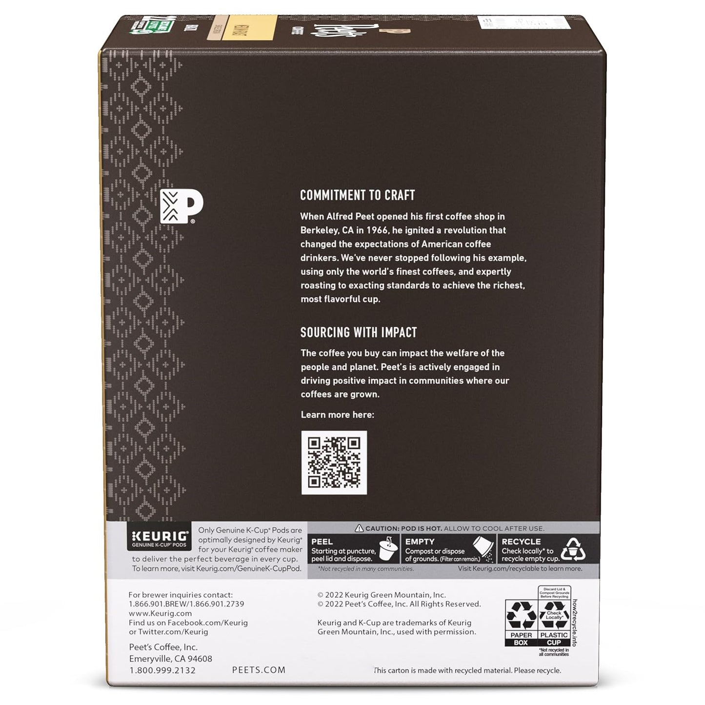 Peet's Coffee Medium Roast K-Cup Pods | 100% Arabica Single Origin Brazil - 88 Count (4 Boxes of 22 Pods)