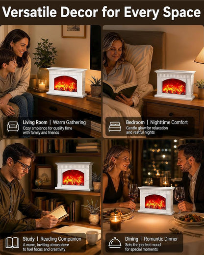 White Electric Fireplace Lantern with Realistic Flame Effect - Portable USB/Battery Powered