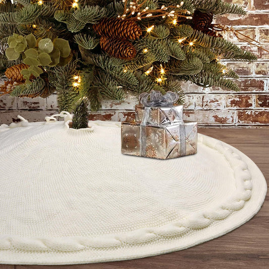 yuboo Cable Knit Tree Skirt Cream,48 inch White Tree Skirt Xmas Christmas Tree Rug - Neutral Boho Christmas Decorations