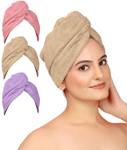 Kipzy Microfiber Hair Towel with Button, Hair Turbans for Wet Hair, Head Towel to Dry Hair Quickly (Beige, Lavender, Peach)