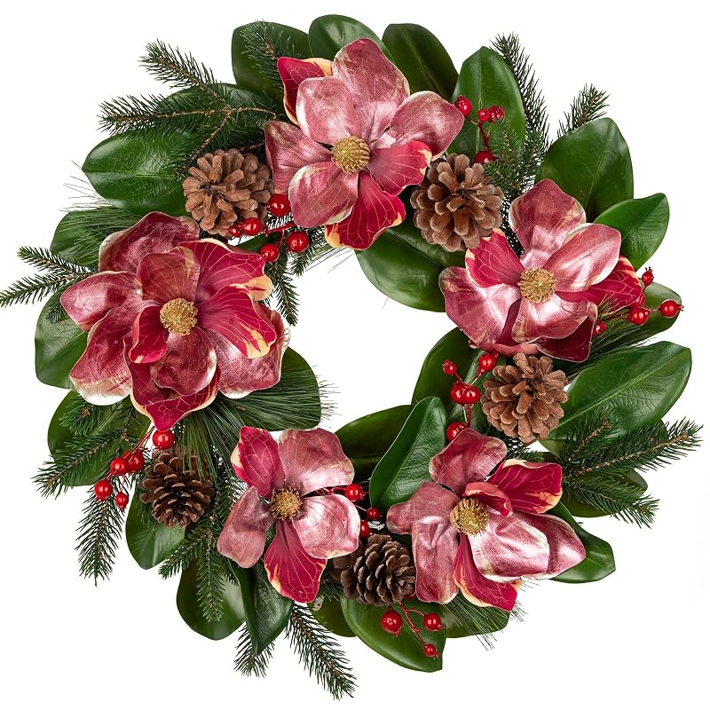 24in Christmas Magnolia Wreath with Pine Cones & Berries - Front Door Decor (Variation: 24in Wreath)