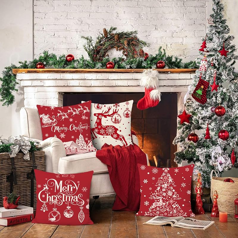 Red Christmas Double-Sided Pillow Covers 16x16 inch - Set of 4 (Variation: Red Christmas-2+16" x 16" )