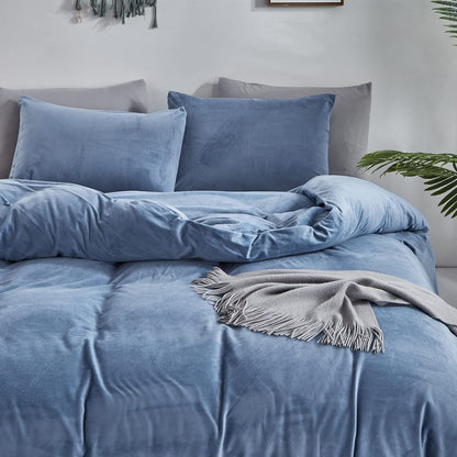 Luxlovery Blue Velvet Comforter Set Full Lake Blue Flannel Plush Bedding Set Winter Thick Warm Solid Fluffy Quilts Blanket Soft Heavyweight Comforter Set for Full Bed