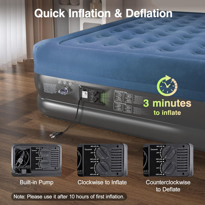 Lewondr Queen Air Mattress with Built in Pump, 18" Deluxe Blow Up Mattress Airbed, Comfy Self Inflating Air Mattress, 3Min Fast Inflatable Mattress for Camping, Home, Guests, Travel(661lb MAX), Blue