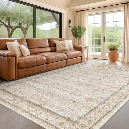 Skiennix Beige Floral Washable Area Rug - 7x9 Non-Slip Soft Geometric Carpet for Living Room & Dining Room