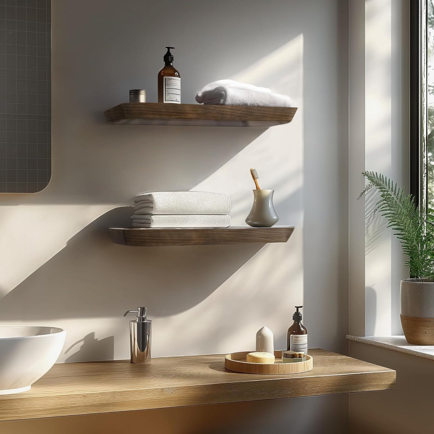 Wood Floating Shelves - 16 Inch Set of 2 | Stylish Bathroom & Bedroom Wall Storage - American Walnut Finish