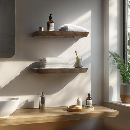 Wood Floating Shelves - 16 Inch Set of 2 | Stylish Bathroom & Bedroom Wall Storage - American Walnut Finish