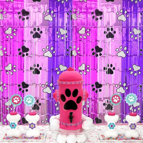 Bupelo Pink Paw Birthday Decorations - 2 Pack Tinsel Foil Fringe Curtains | 3.3 x 6.6ft Dog Party Backdrop