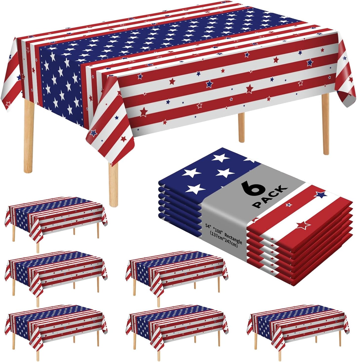 Skiennix 6 Pack Patriotic Disposable Tablecloths - 54" x 108" American Flag Design for Memorial Day Parties