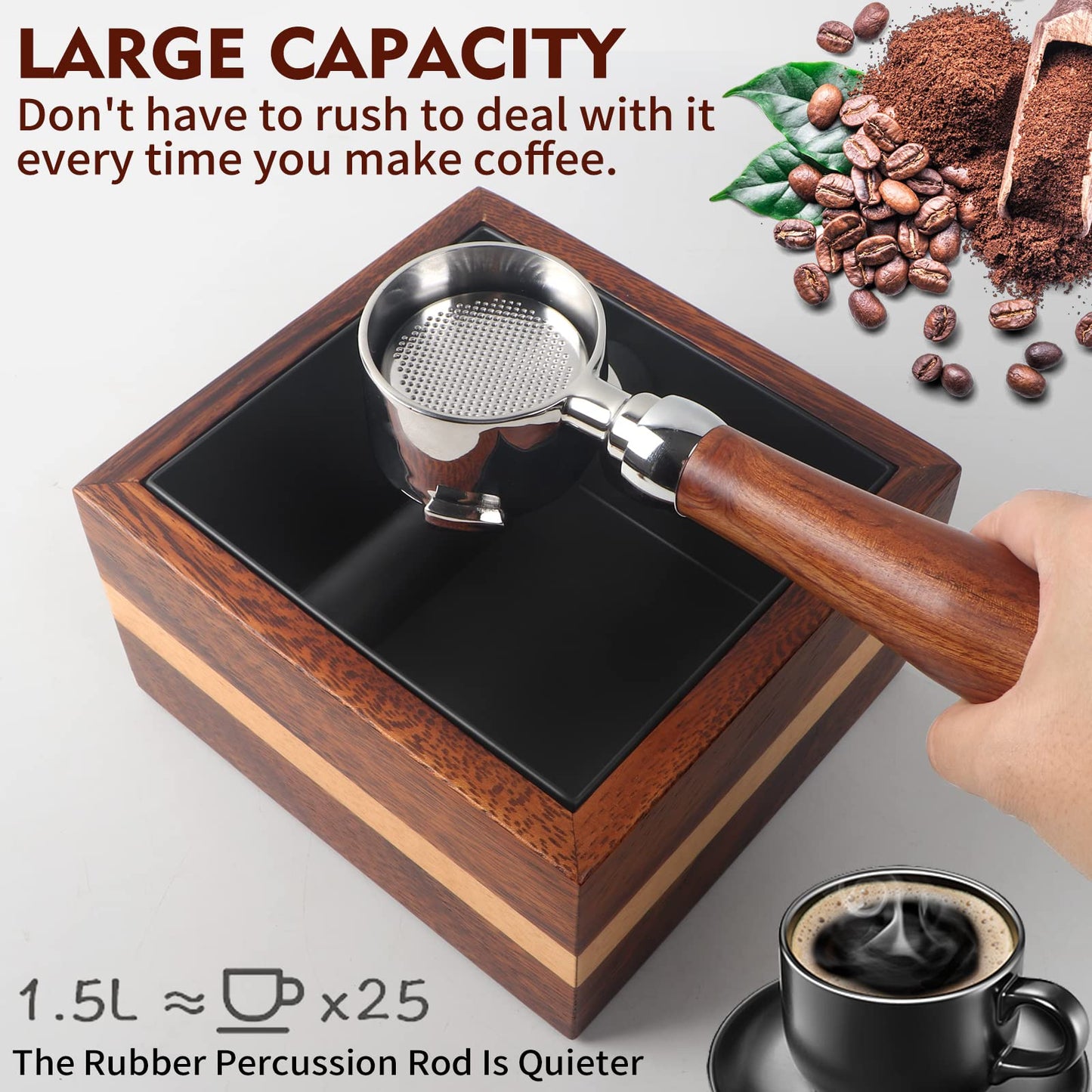 Kmise Natural Walnut Espresso Accessories Organizer Box Fits Espresso Distributor,Tamping Station Base,Tamper Holder-1.5L Coffee Grounds Box(7.3 * 6.8 * 4.3in)