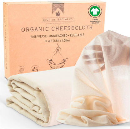 Organic Unbleached Cotton Cheesecloth - GOTS Certified Fine Strainer | Large 18 Sq.ft Reusable Cloth
