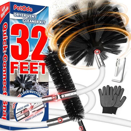 PetOde Dryer Vent Cleaner Kit - 32 Feet Flexible Brush with Quick Snap Drill Attachment for Effective Cleaning