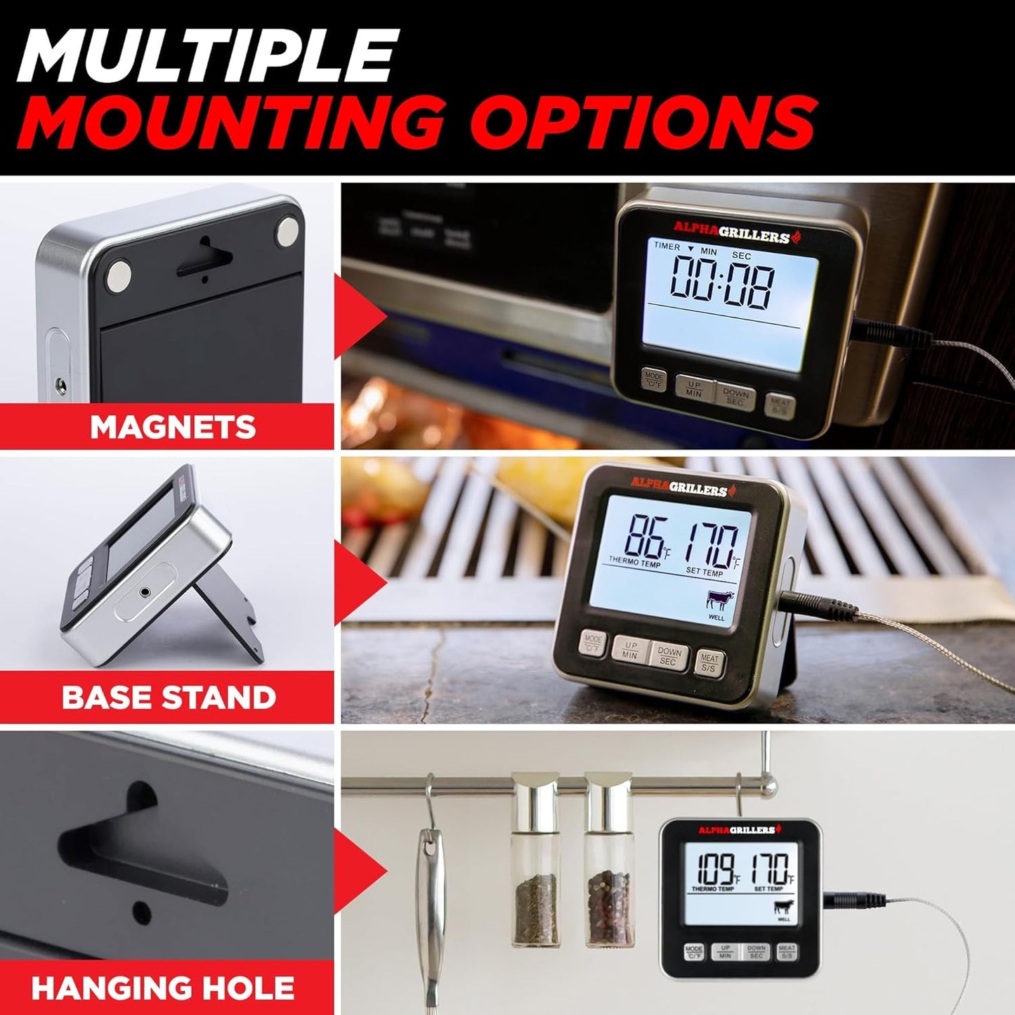 Alpha Grillers Digital Meat Thermometer - Accurate Cooking & Grilling Tool with 7 Preset Alerts | Stainless Steel Probe