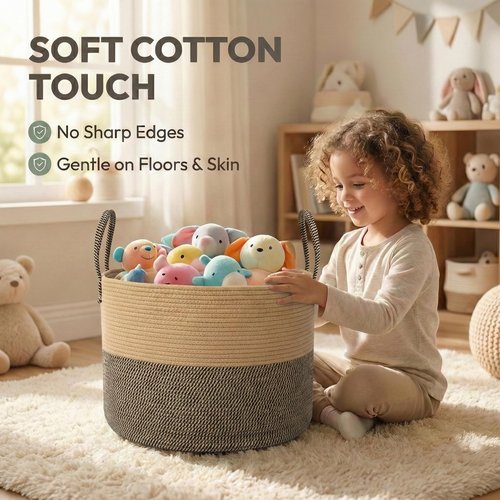 JMvicyroam 115L Extra Large Blanket Basket for Living Room - Woven Cotton Rope Laundry Hamper with Reinforced Handles - Storage Bin for Pillows, Comforters & Toys - Machine Washable,Jute&Black