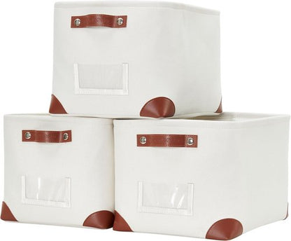 DECOMOMO White Storage Bins - Fabric Baskets for Shelves & Linen Closet Organization | Large 3-Pack with Label Holder