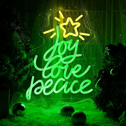 Neon Sign by Christmas Tree - USB Powered LED Light for Wall Decor | Peace, Love, Joy Design