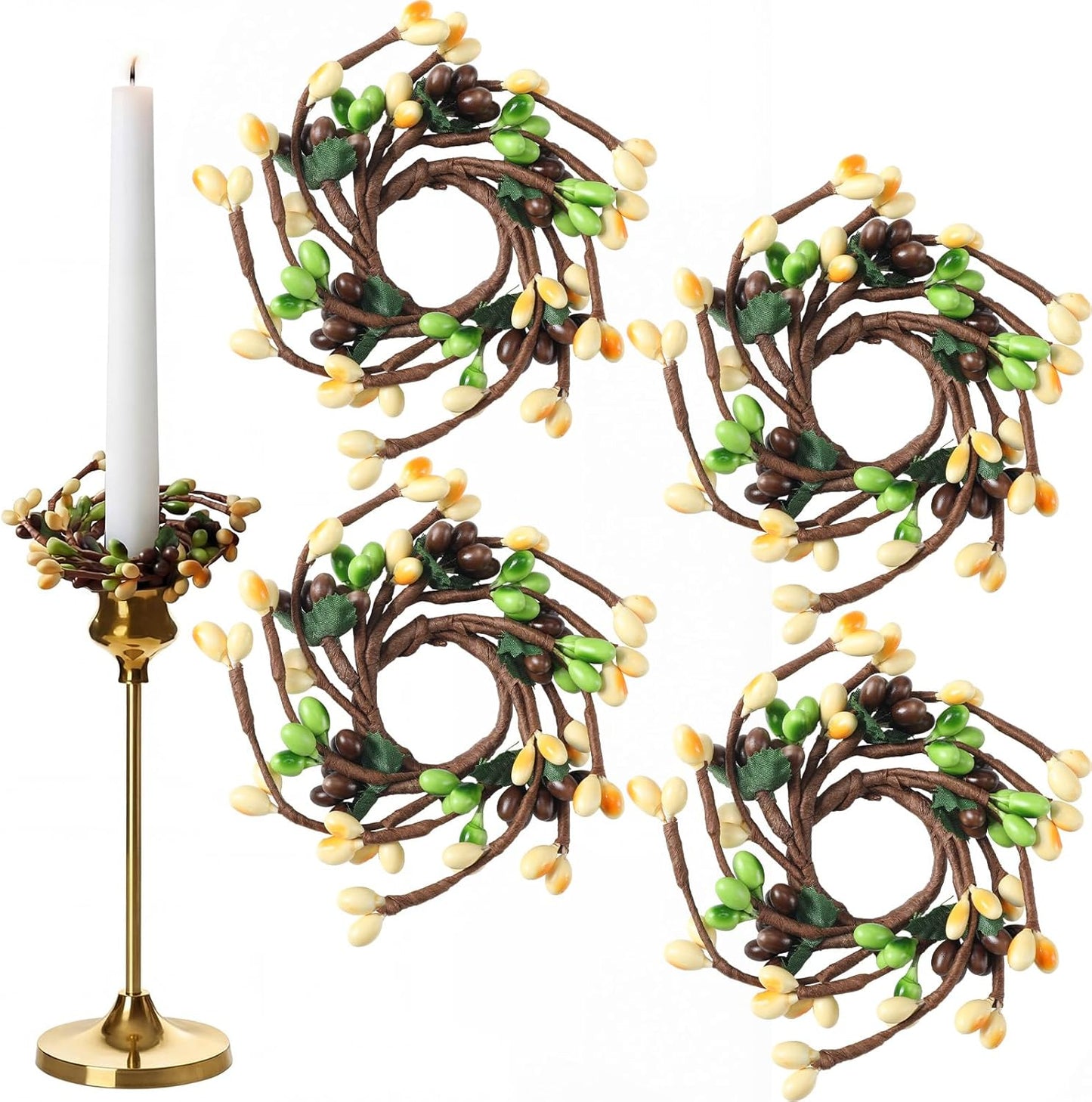Suncalla Spring Pip Berry Taper Candle Rings - Mini Artificial Wreaths for Home Decor | Set of 4