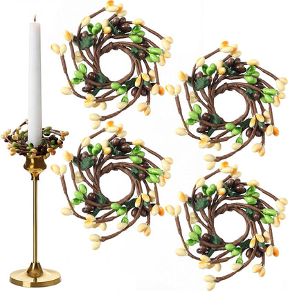 Suncalla Spring Pip Berry Taper Candle Rings - Mini Artificial Wreaths for Home Decor | Set of 4
