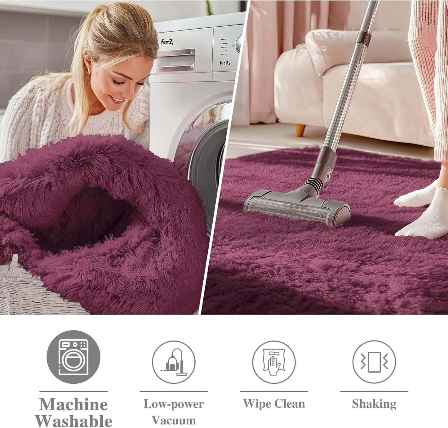 OLANLY Round Burgundy Area Rug - Soft, Fluffy, Machine Washable 9 ft Circle Carpet for Bedrooms & Living Rooms