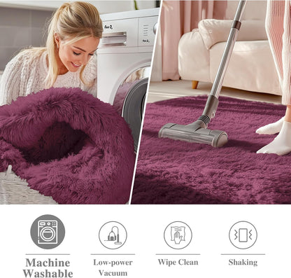OLANLY Round Burgundy Area Rug - Soft, Fluffy, Machine Washable 9 ft Circle Carpet for Bedrooms & Living Rooms