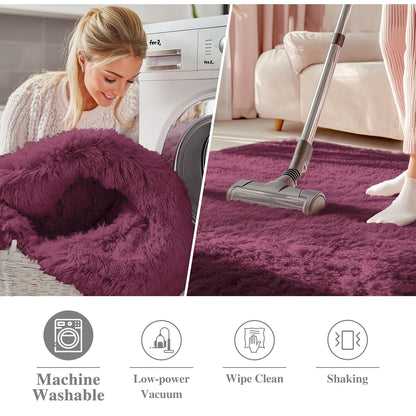 OLANLY Burgundy Round Rugs for Bedroom - Machine Washable, 8 ft Circle Area Rugs for Living Room, Soft and Fluffy Shaggy Carpet for Teen Girls and Boys, Nursery Rooms, Dorms, Home Decor Aesthetic