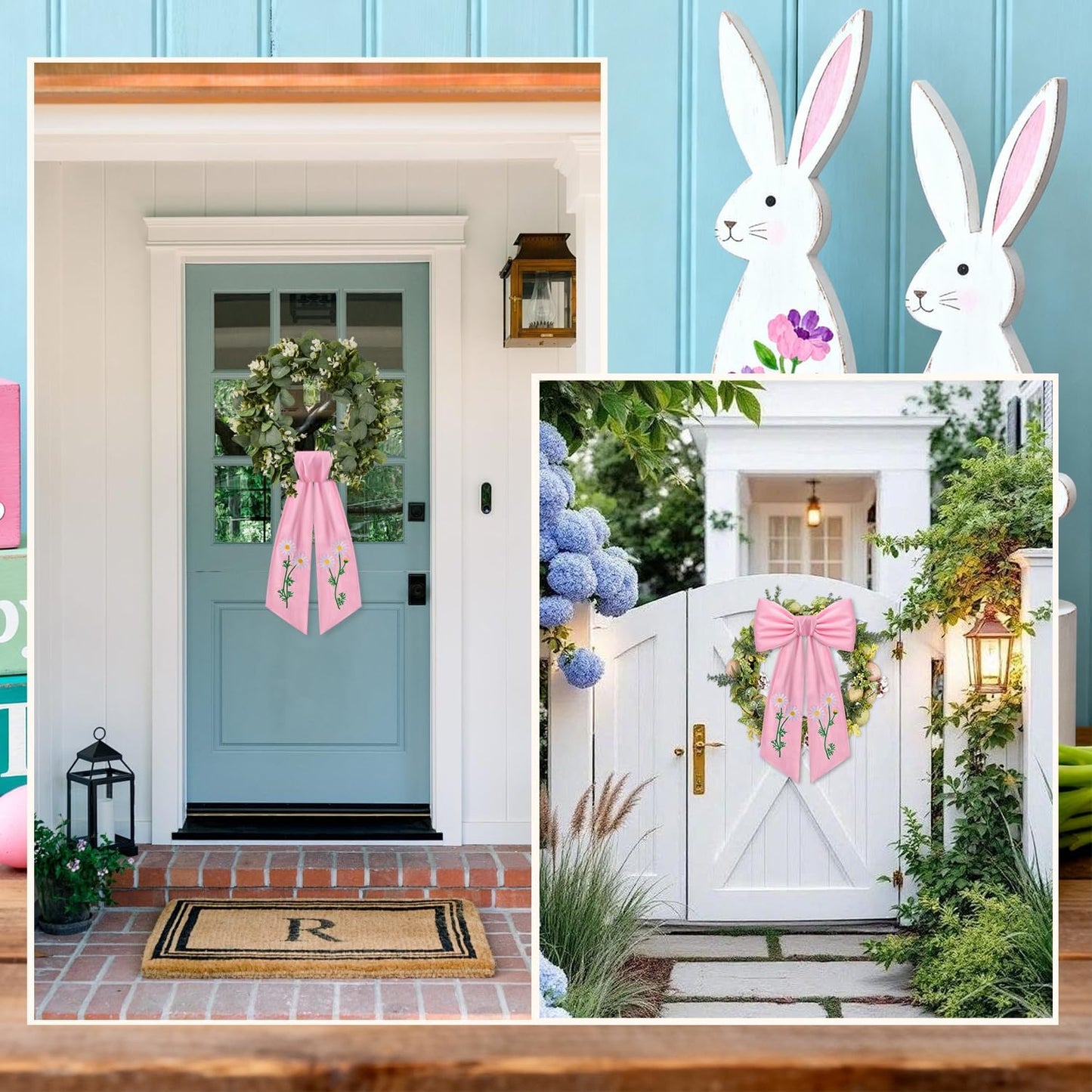 Skiennix 2 Pack Daisy Floral Wreath Sash - Embroidered Spring Ribbon Decor for Front Door | Pink