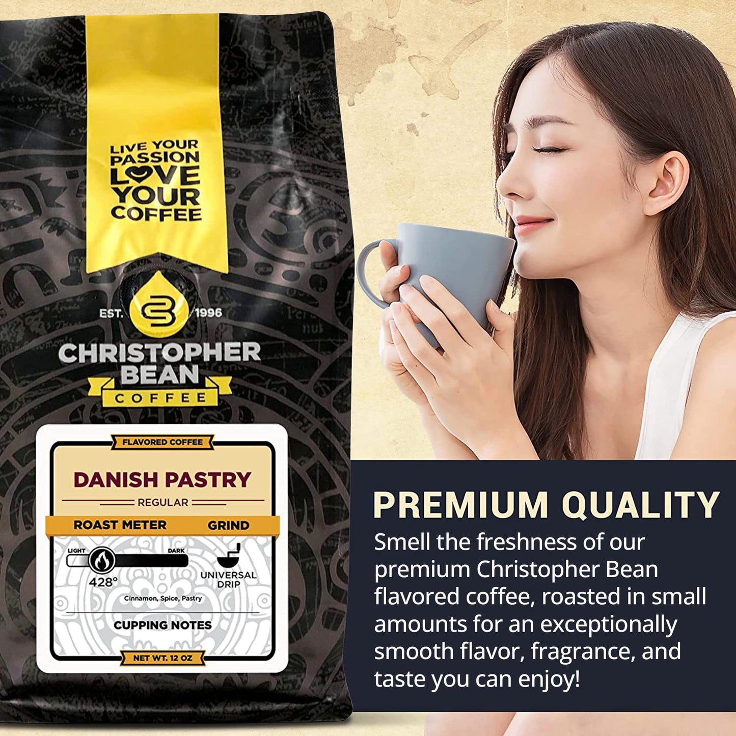 Christopher Bean Coffee - Danish Pastry Flavored Coffee, (Regular Ground) 100% Arabica, No Sugar, No Fats, Made with Non-GMO Flavorings, 12-Ounce Bag of Regular Ground coffee