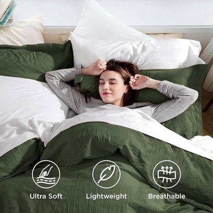Bedsure Olive Green Duvet Cover Set - Extra Soft Prewashed Cotton-Like Polyester | Queen Size 3 Pieces, 90x90 Inches with Zipper Closure & 2 Pillow Shams