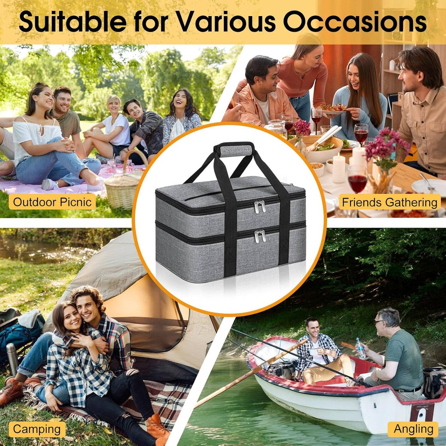Skiennix Double Insulated Casserole Carrier - Portable Hot & Cold Food Tote Bag | Fits 9" x 13" Dish - Grey
