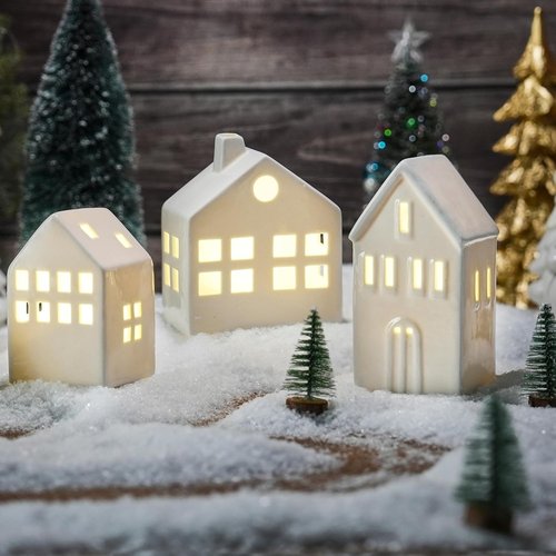 **Ceramic Christmas Village Houses - 3-Piece Light Up Winter Decor Set with Trees | Tabletop Centerpiece**