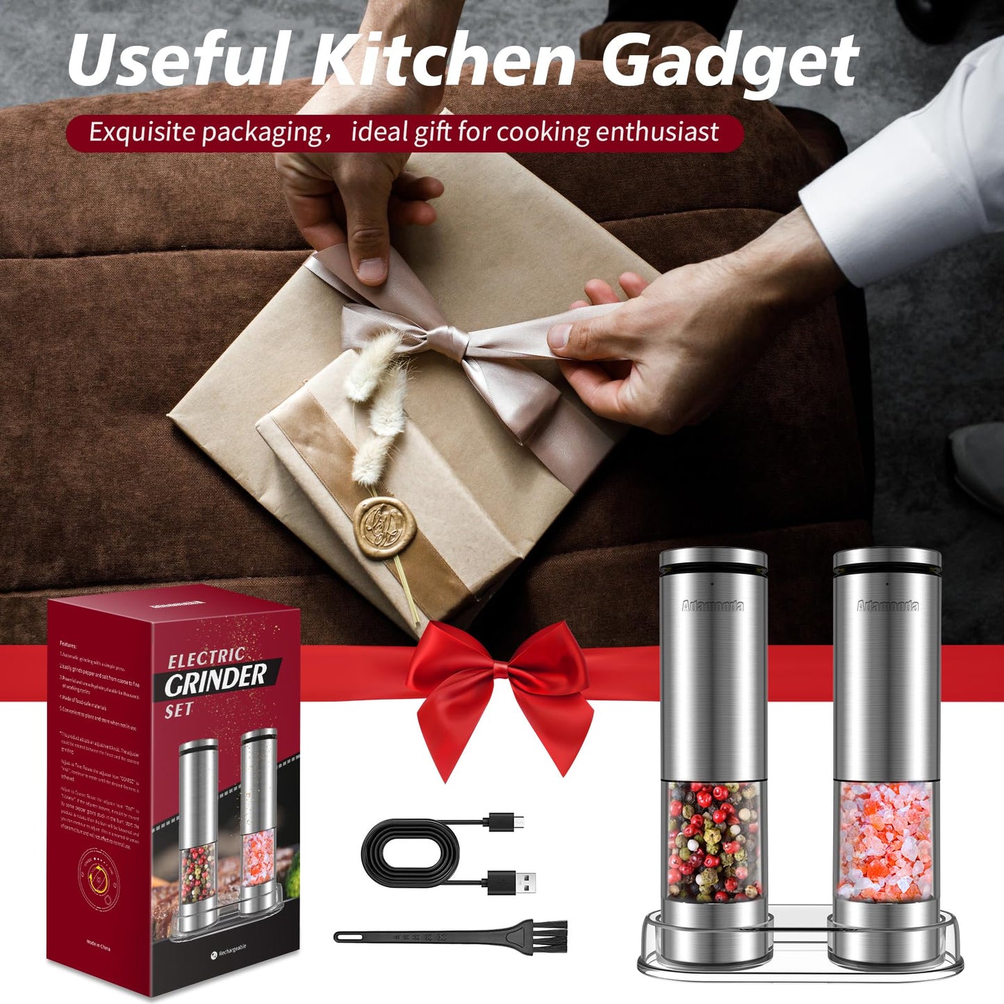 Stainless Steel Rechargeable Lighted Electric Salt and Pepper Grinder Set with Adjustable Coarseness,One Hand Operation Automatic Salt and Pepper Mill Grinder Shakers,2 Packs