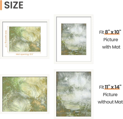 Upsimples 11x14 Picture Frame - Versatile Display for 8x10 Photos with Mat or 11x14 Without Mat - White, 1 Pack