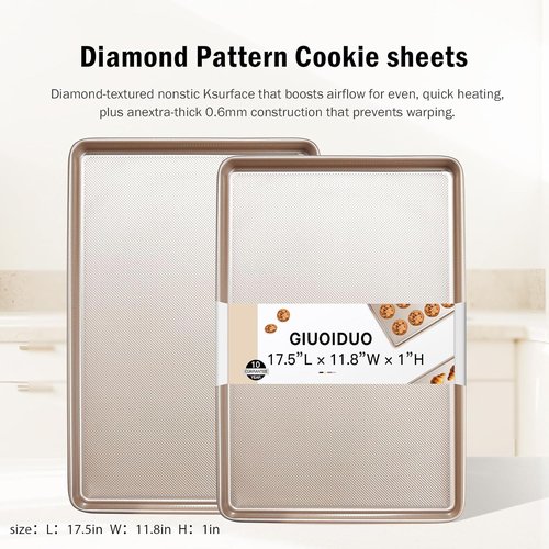 GIUOIDUO Half Sheet Baking Pans Set - Commercial Quality Non-Stick Carbon Steel | Large 17.5"x11.8" Cookie Trays